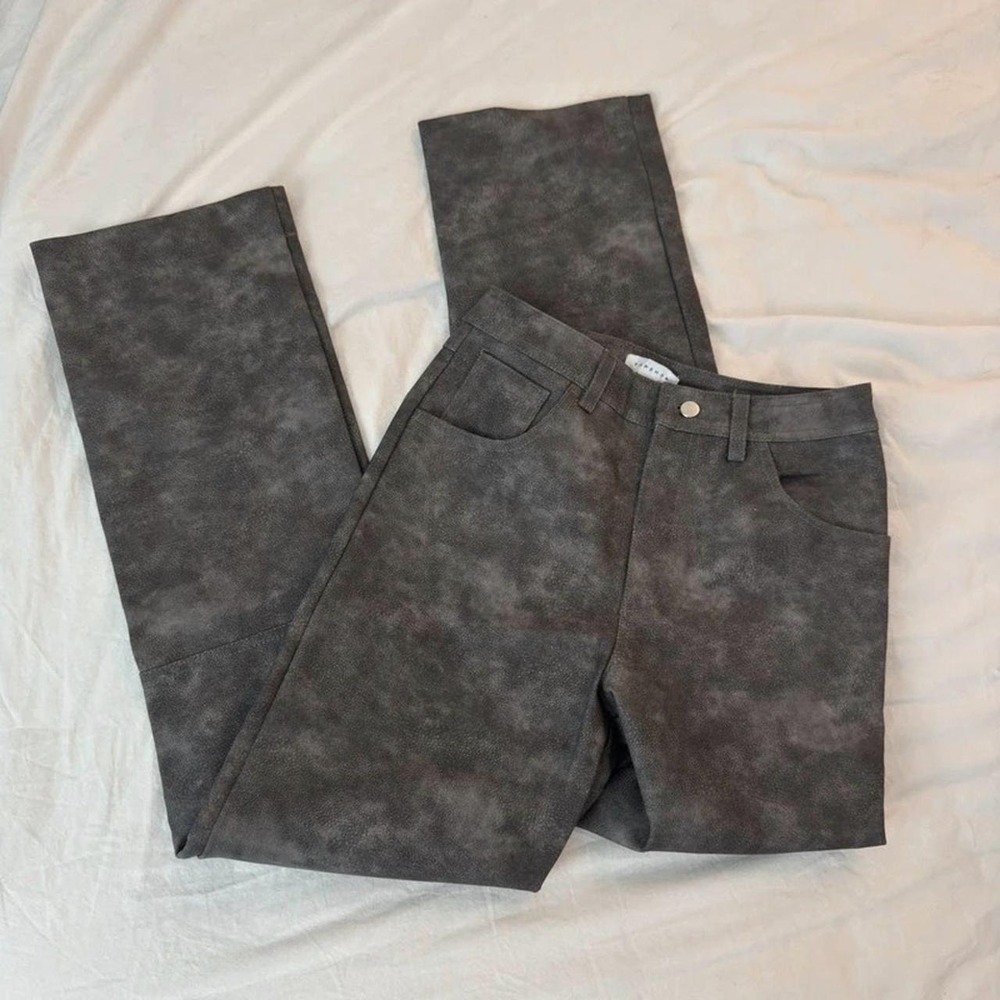 Topshop Petite faux leather washed effect high waist straight leg pants in gray